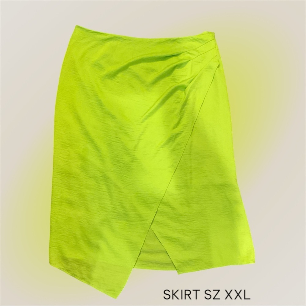 Scoop Acid Lime Satin Faux Wrap Midi Skirt XXL Neon Green Slit Sold Out Online - Picture 7 of 7